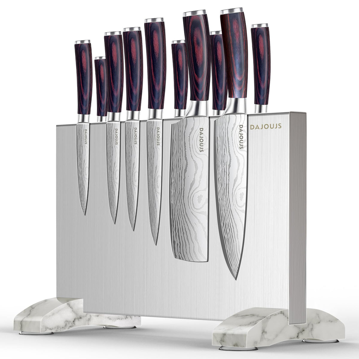 Magnetic Knife Holder, Stainless Steel Magnetic Knife Block without Knives, Strong Double Sided Magnet Knife Storage Strip with Wood Base for Kitchen Counter-Silver