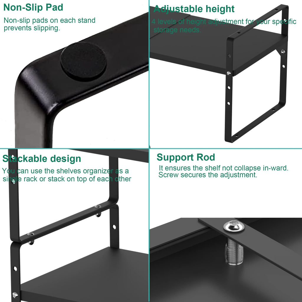 iPEGTOP Expandable Cabinet Storage Shelf Organizer, Heavy Duty Steel Metal Spice Rack Adjustable Height Home Office Garage Pantry Shelf Space Riser for Counter Kitchen Organization, Black, 1 Pack