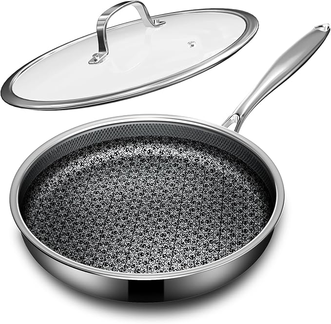KURRUNGIE Non Stick Frying Pans Set with 3 Lid, Non-Toxic Hybrid Pans Set Nonstick (8+10+12inch),Pan for cooking, nonStick Cookware, Dishwasher and Oven-Safe Cookware Sets, Stainless Steel Skillets