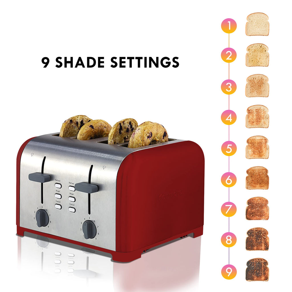Slice Toaster, Red Stainless Steel, Dual Controls, Extra Wide Slots, Bagel and Defrost Functions, 9 Browning Levels, Removable Crumb Trays, for Bread, Toast, English Muffin, Toaster Strudel