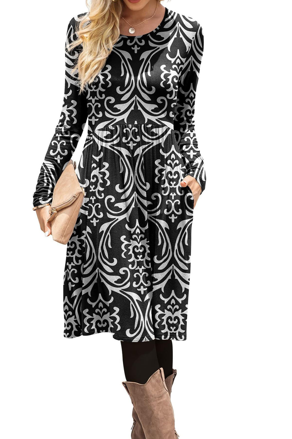 DB MOON Women Casual Long Sleeve Dresses Empire Waist Loose Dress with Pockets (Black, M)