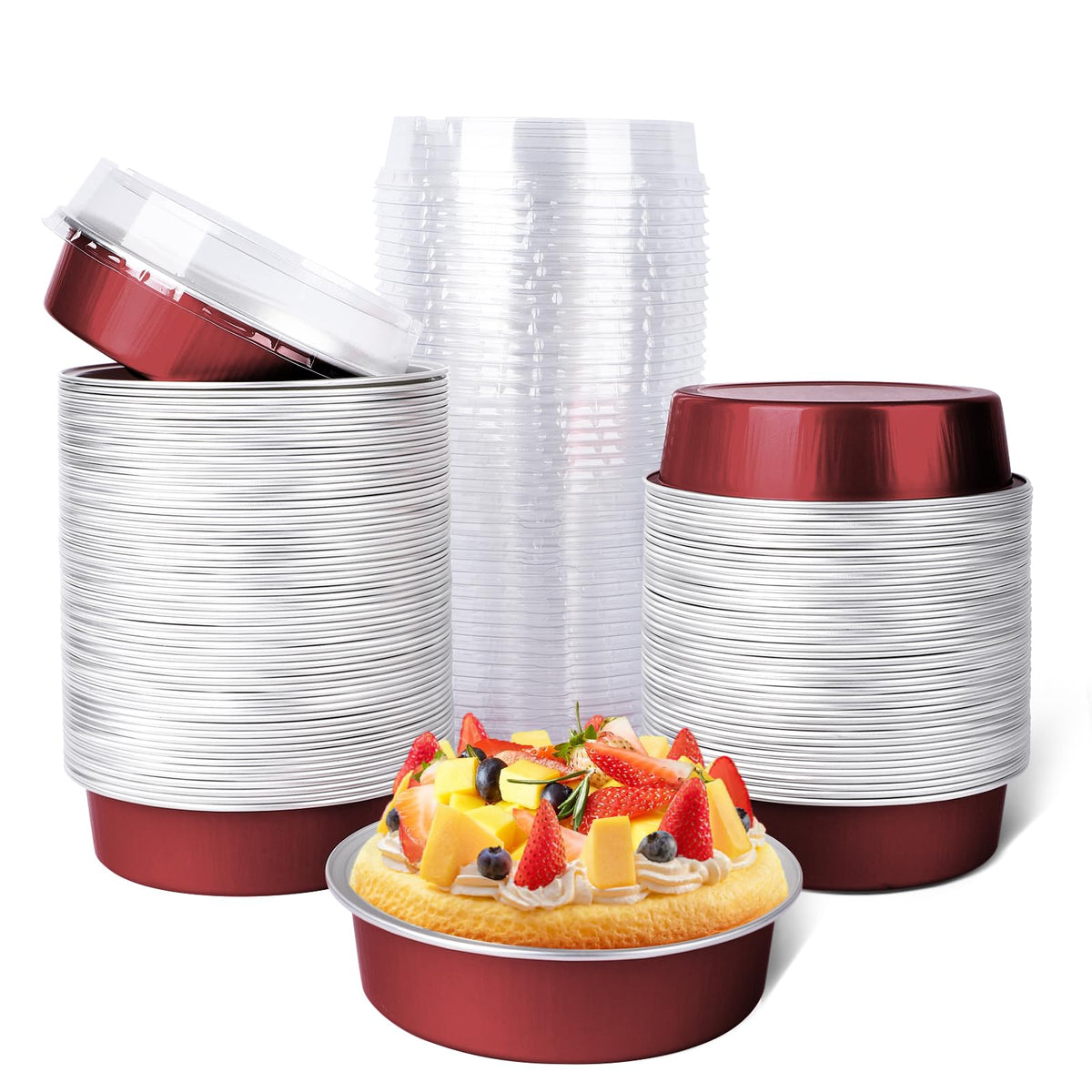 Beasea Mini Pie Pans with Lids, 120 Pack 4 Inch 8oz Disposable Mini Cake Pans Creme Brulee Aluminum Foil Pie Tart Ramekins Tins Silver Small Individual Round Containers Oven Safe for Baking
