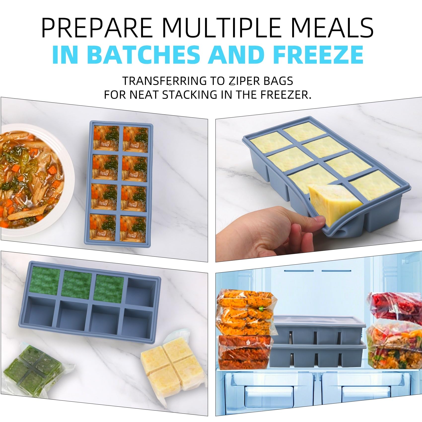 1/2 Cup Silicone Freezer Tray With Lid,Silicone Freezer Molds 6-Pack For meal prep & freezing of various sauces and other dishes, makes 48 perfect 1/2 cup portions cubes (Multicolor 6 Pack)