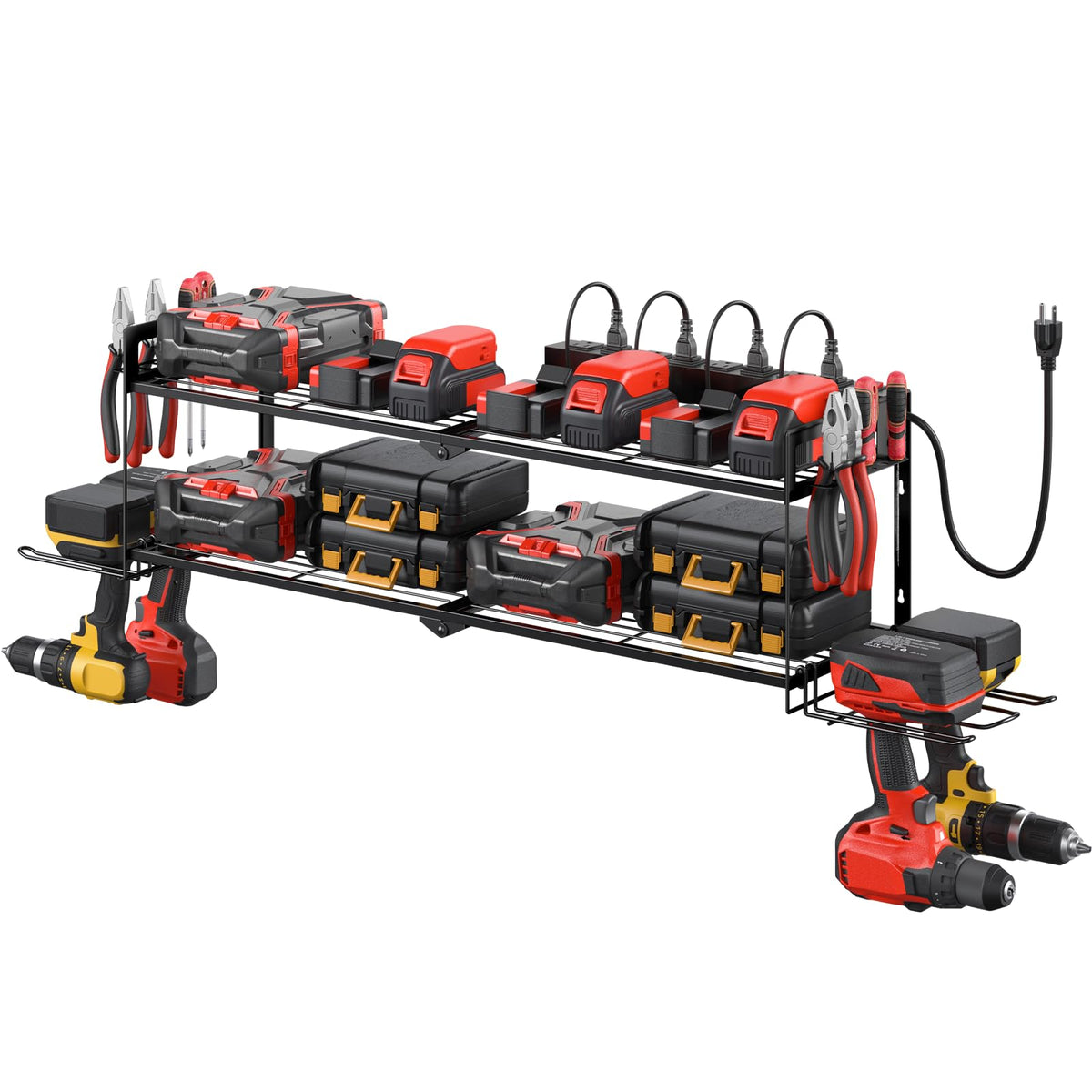 CCCEI Garage Tools Storage with Charging Station. Power Tool Battery Organizer Utility Shelf with Power Strip. 4 Drills Holder Wall Mount Rack, Black.