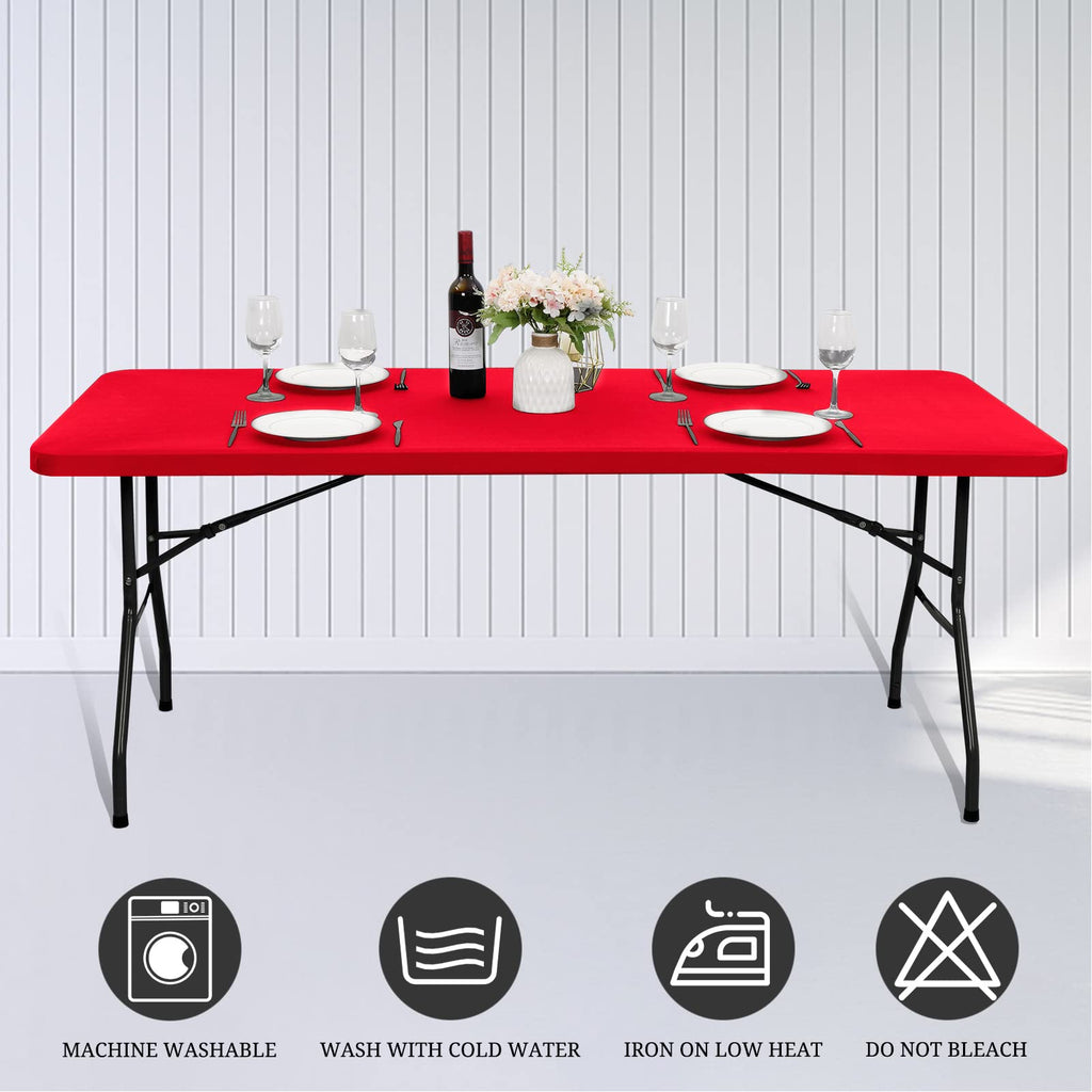 REWOMC 10 Pack Stretch Fabric Table Top Cap Cover, fits 8' Tables, Spandex Table Covers Washable Elastic Rectangle Tablecloth Protector for Indoor Outdoor Party Picnic Wedding, Red, 30" W x 96" L