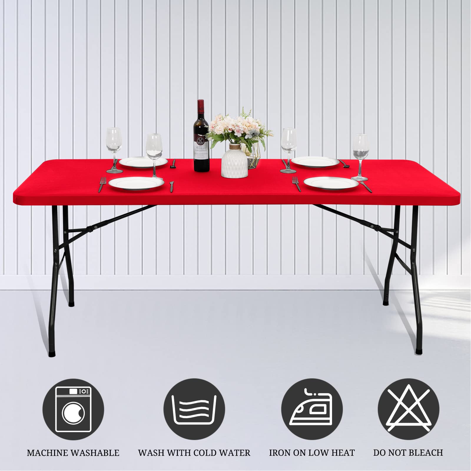 REWOMC 10 Pack Stretch Fabric Table Top Cap Cover, fits 8' Tables, Spandex Table Covers Washable Elastic Rectangle Tablecloth Protector for Indoor Outdoor Party Picnic Wedding, Red, 30" W x 96" L