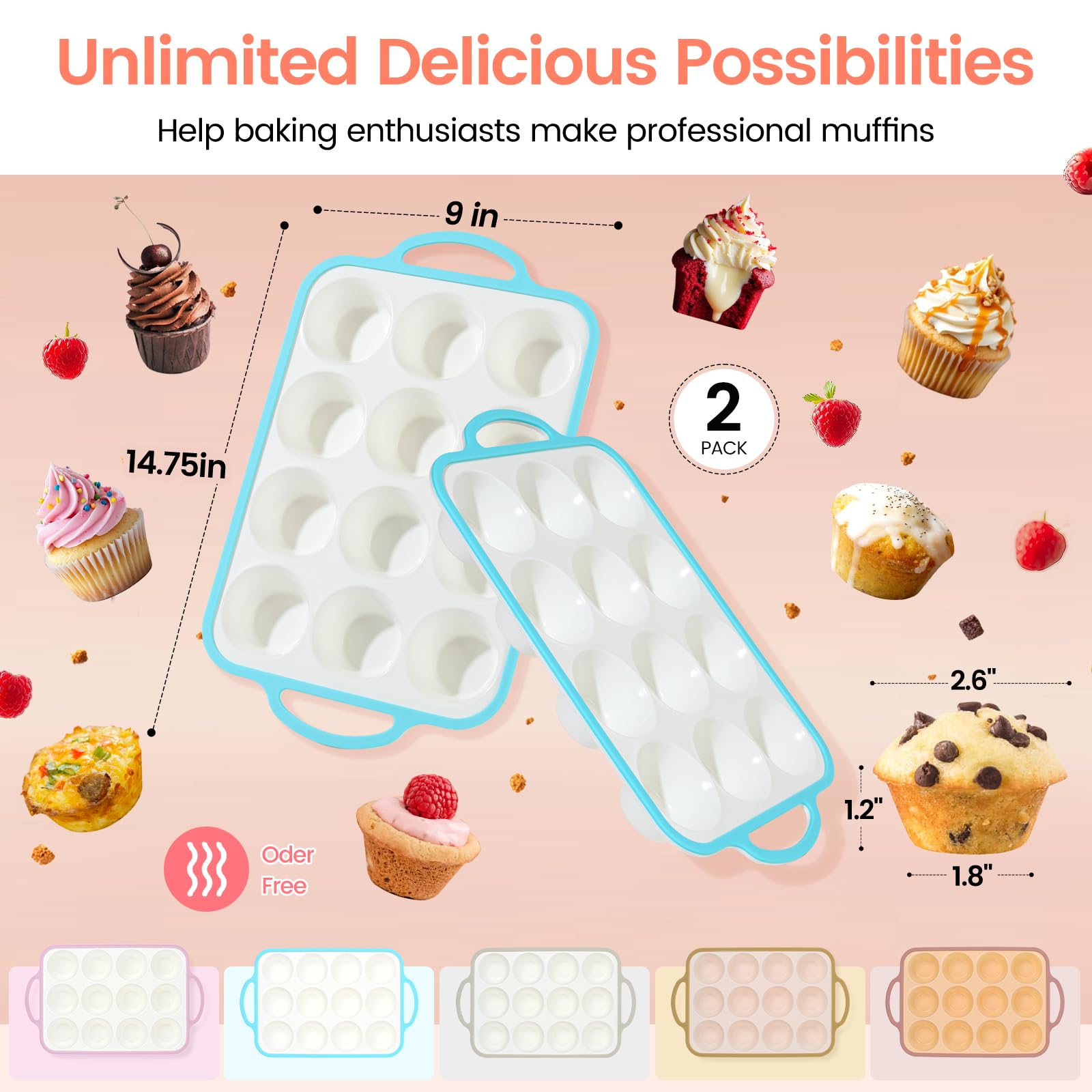 Fimary Silicone Muffin Pans for Baking 2 Pack, 2.6 Inch with Metal Reinforced Frame, Regular Size Nonstick Cupcake Pan 12 Cups for Baking Homemade Muffins, Dishwasher Safe BPA Free-Blue