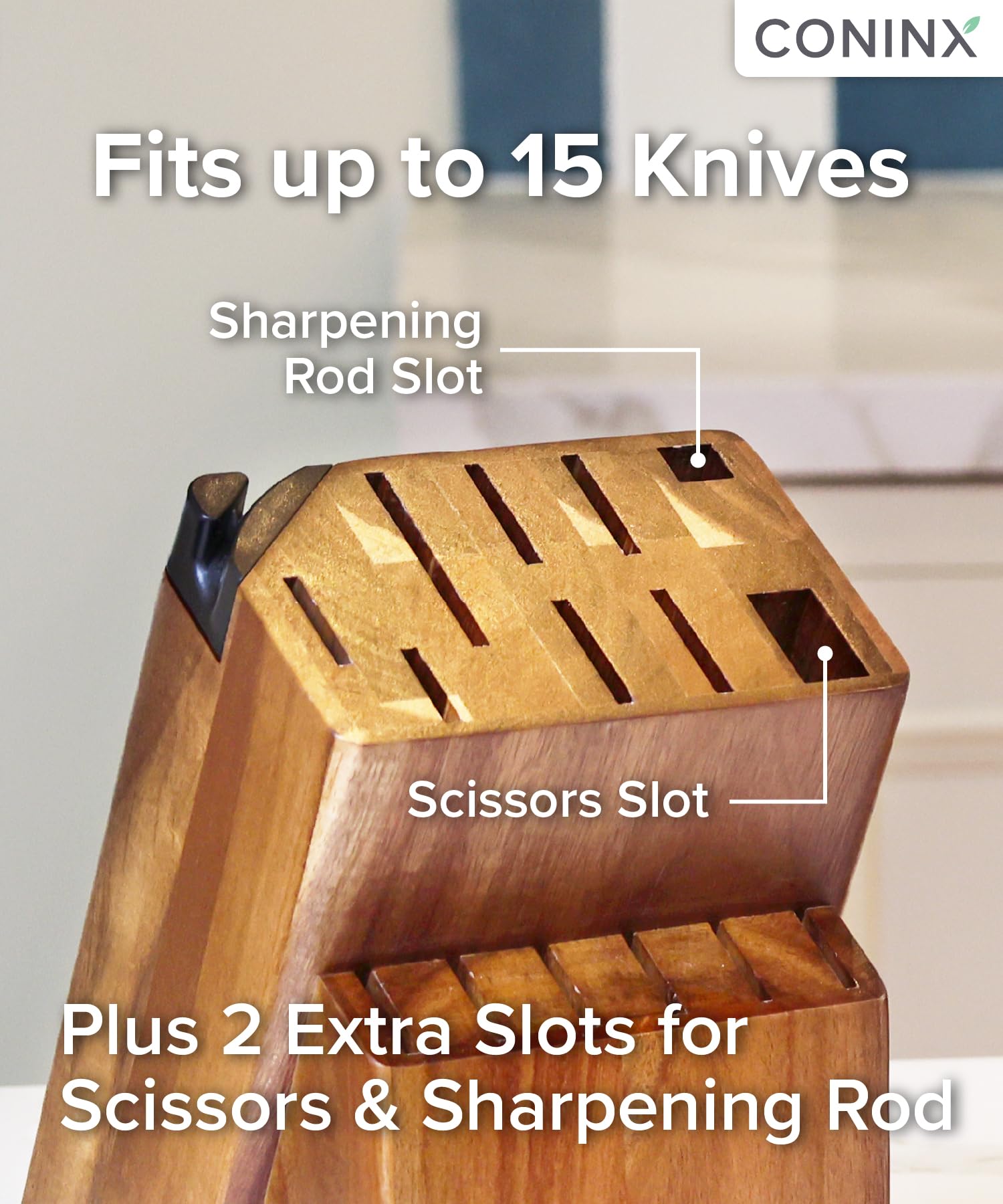 Coninx Knife Block with Built-In Sharpener – 15 Slot Acacia Wood Knife Holder for Kitchen Counter – Non-Slip Wooden Knife Organizer Stand for Chef & Bread Knives