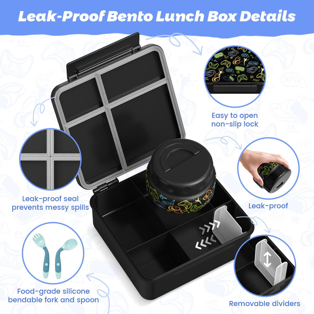 Kids Bento Lunch Box with Thermos, Leakproof Toddler Bento Box with 9 OZ Insulated Food Jar, Lunch Bag & Utensils 3 or 4 Compartment Container for School Girls Boys