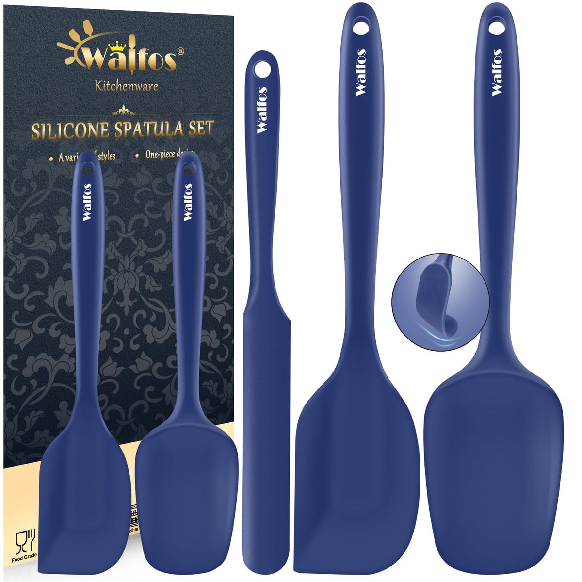 Walfos Silicone Spatula Set (5pcs) - 600℉ High Heat Resistant Kitchen Spoon Navy Blue Spatulas for Cooking Mixing & Baking, Strong Steel Core and One-Pieces Seamless Design, BPA Free Dishwasher Safe