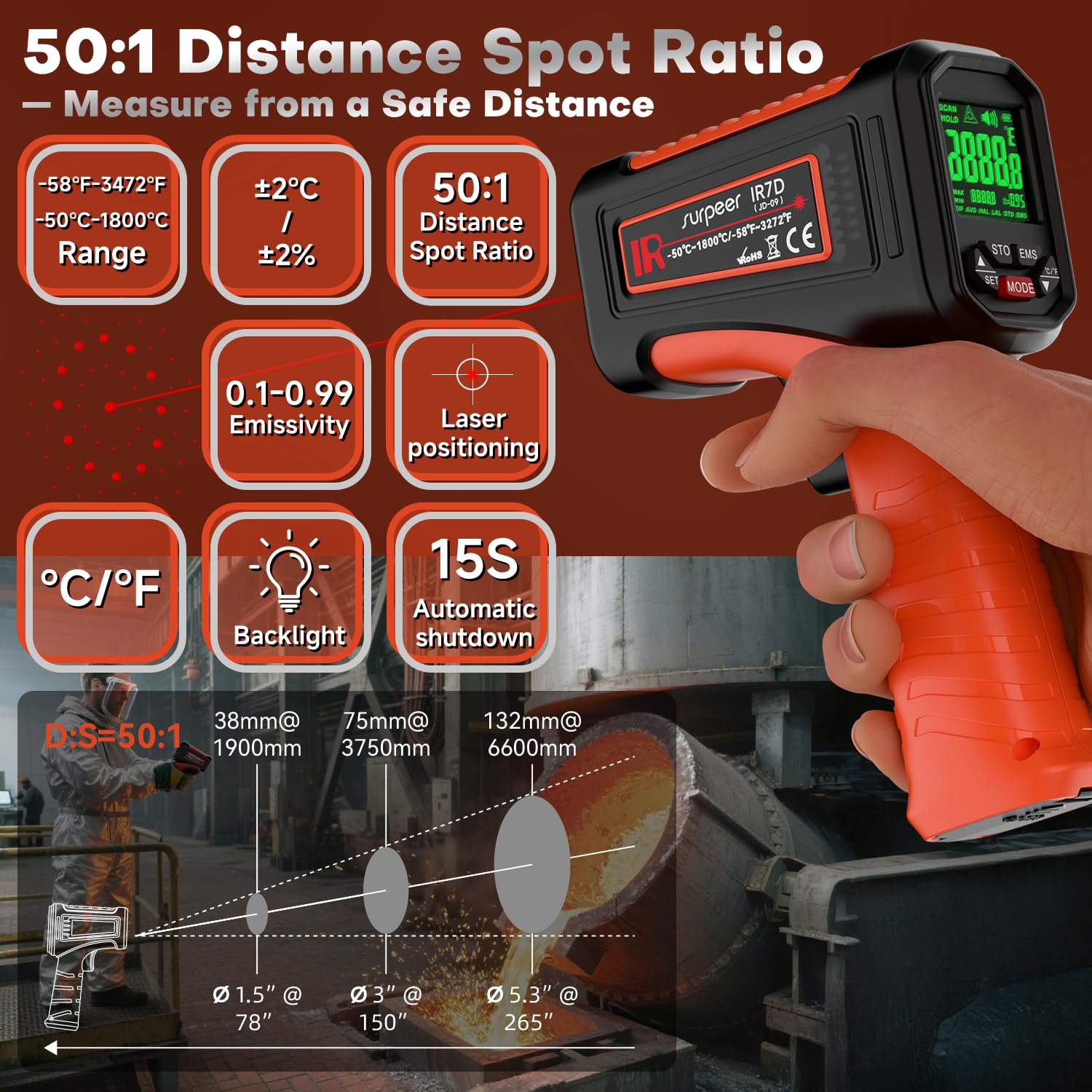 Surpeer Infrared Thermometer Temperature Gun, 3272°F, 50:1