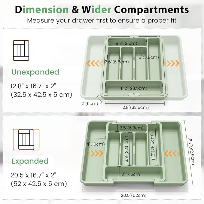 Caperci Large Silverware Organizer for Kitchen Drawer & Utensils - Expandable Drawer Organizer for Cutlery, Flatware & Gadget, BPA-Free Thick Plastic, Wider Compartments & Non-skid Feet (Sage Green)