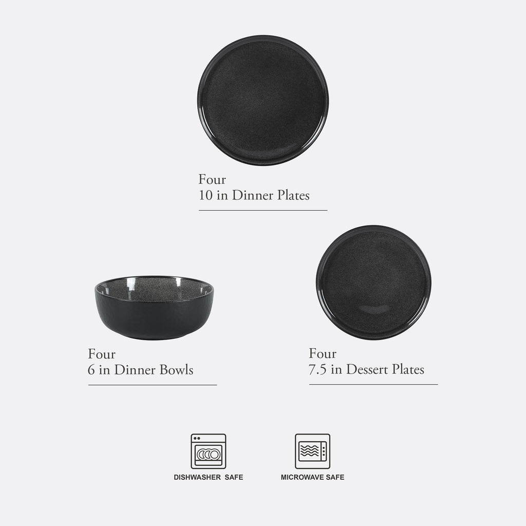 Gibson Elite Tahoe Sunset 12 Piece Stoneware Reactive Glaze (Service for 4) Ceramic Plates and Bowls Dinnerware Set - Black