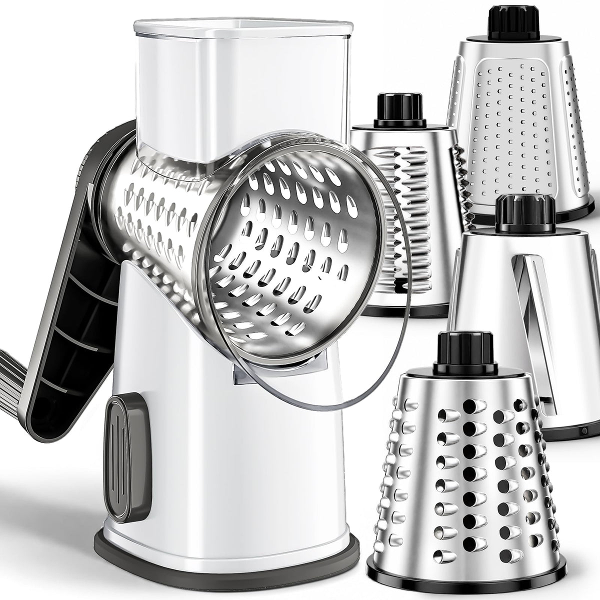 Weltonhm 4 in 1 Large Cheese Grater Hand Crank Rotary (White 4 Graters)