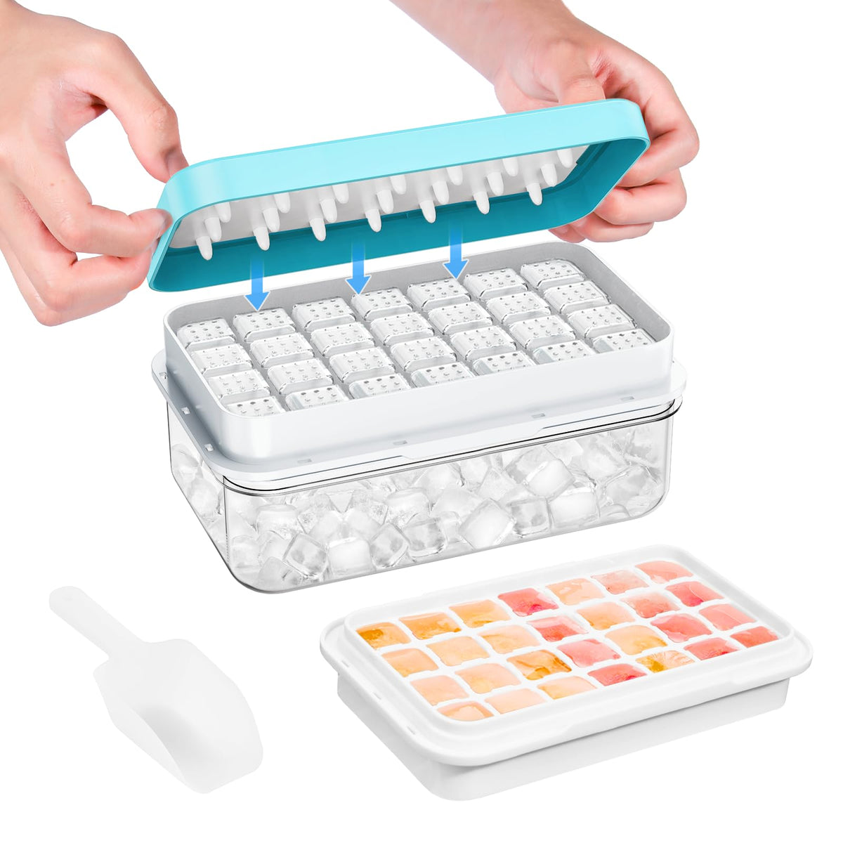 PHINOX Ice Cube Tray with Lid and Bin, Easy Release 56 Cubes for Freezer