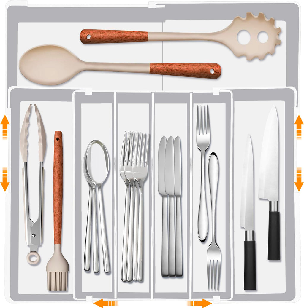 Homecor Silverware Drawer Organizer - Expandable Drawer Organizer for Kitchen, Utensil Holder BPA Free Flatware and Cutlery Tray for Spoons Forks Knives, Plastic Kitchen Organizer and Storage, White