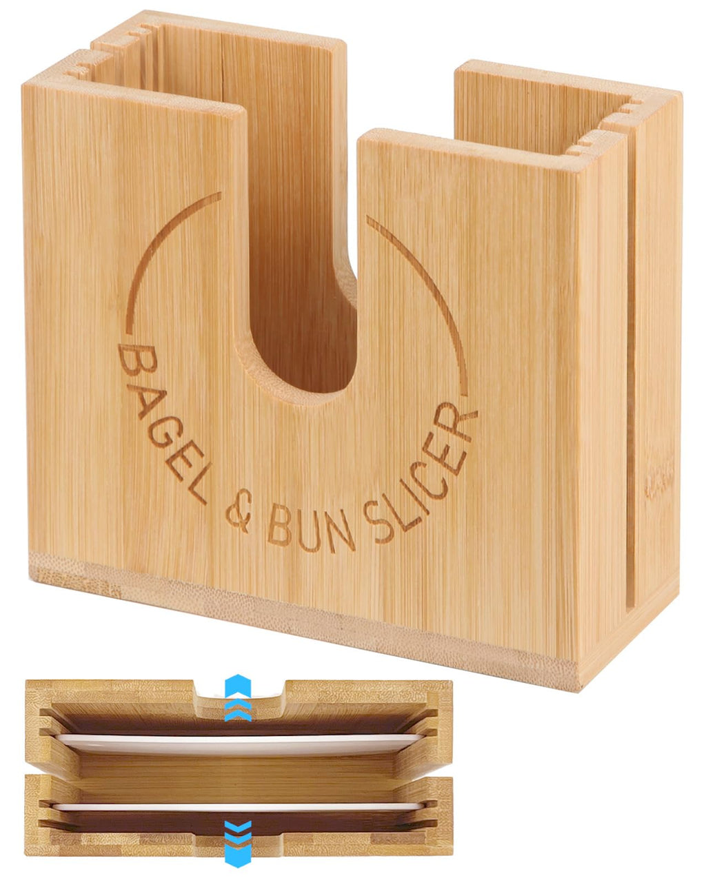 Large Adjustable Bagel Slicer Holder | Acacia Wood Bagel Cutting Holder with Width-Adjustable Slots for Small & Large Bagels, Buns & English Muffins, Knife Groove & Non-Slip Base
