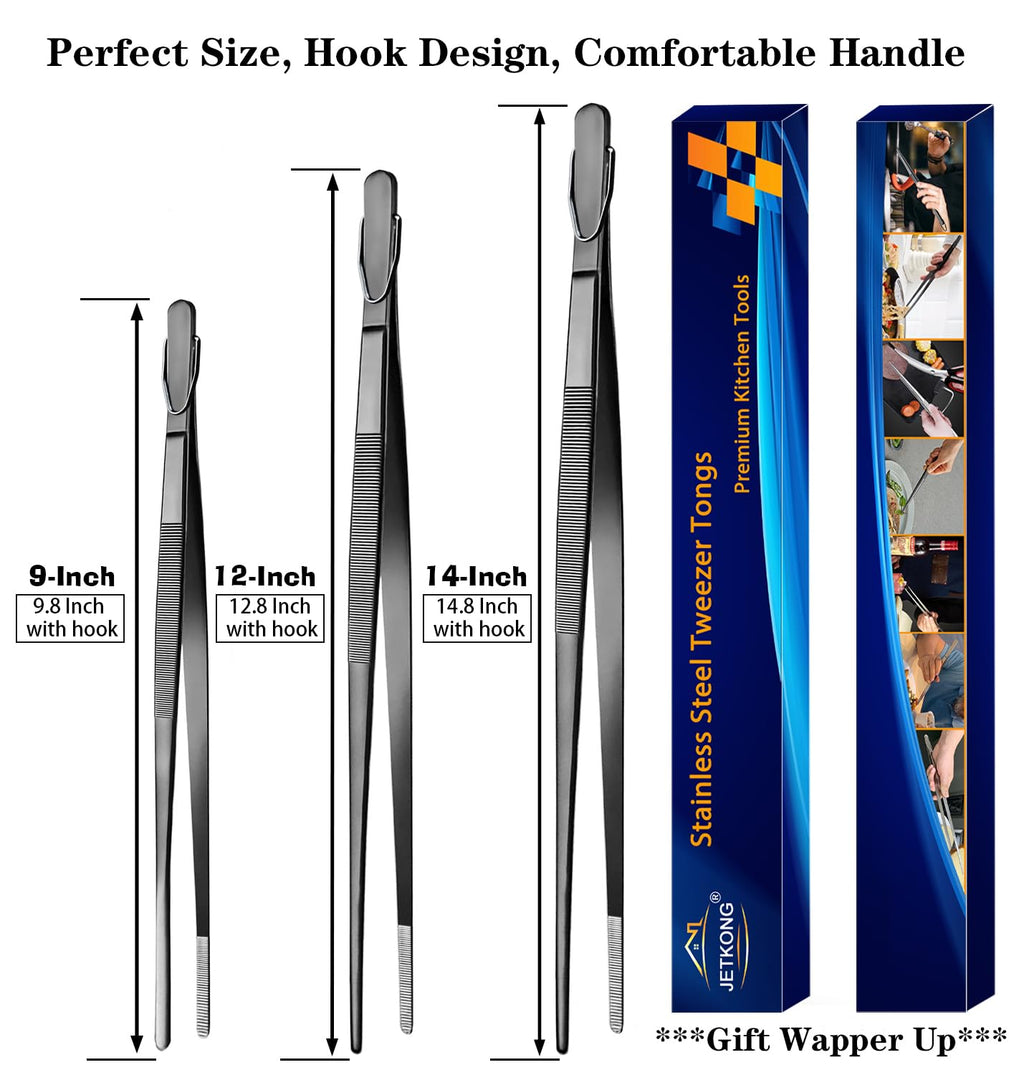 JETKONG 3 Pcs Extra Long Kitchen Tweezers 9 12 14 Inch Heavy Duty Stainless Steel Cooking Tweezers (Round Tips, Black)