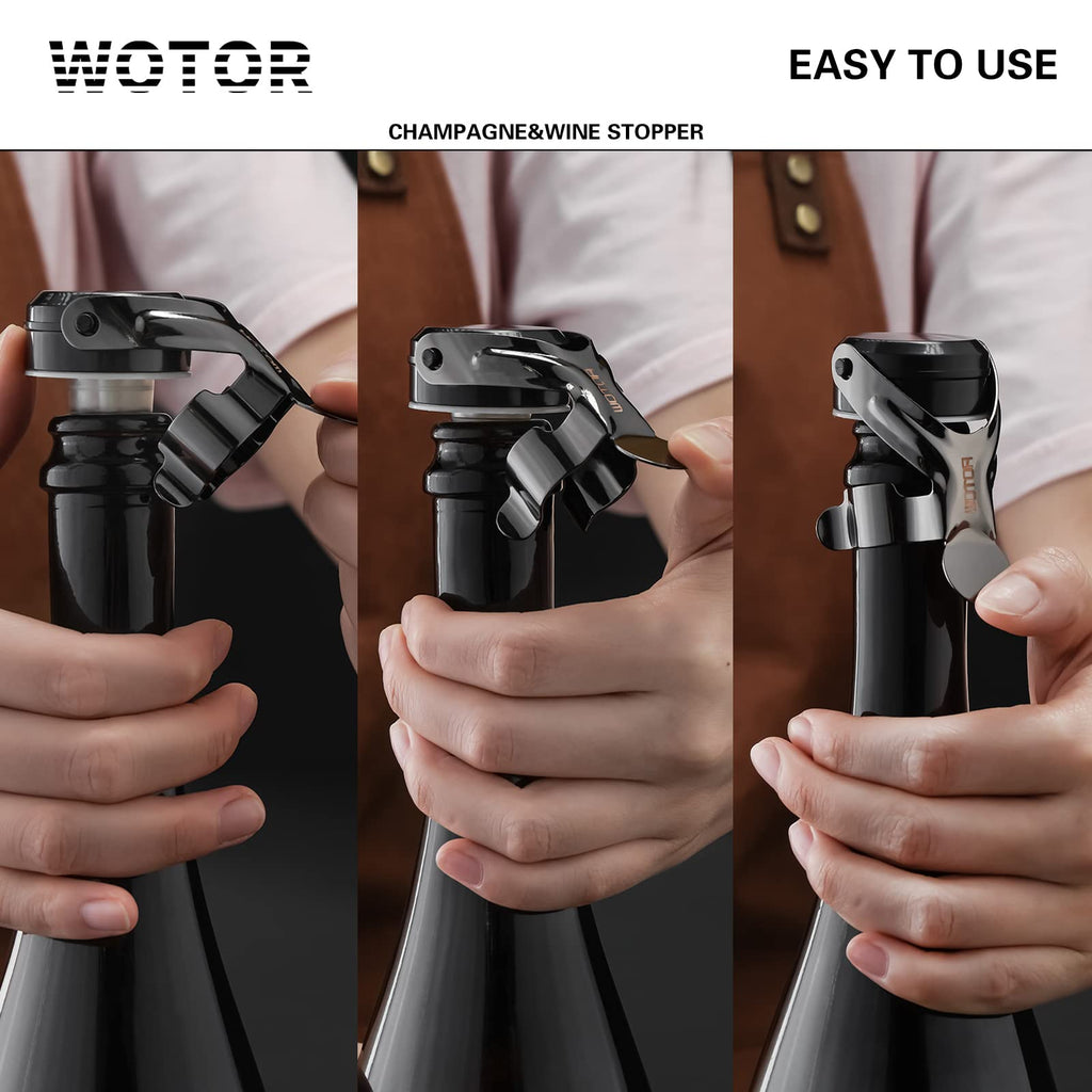 WOTOR Champagne&Wine Bottle Stoppers Stainless Steel with Food Grade Silicone, Leak Proof Keep Fresh Reusable Saver, Cork Suitable for Wine, Champagne, Cava, Prosecco and Sparkling (6 Pack Black）