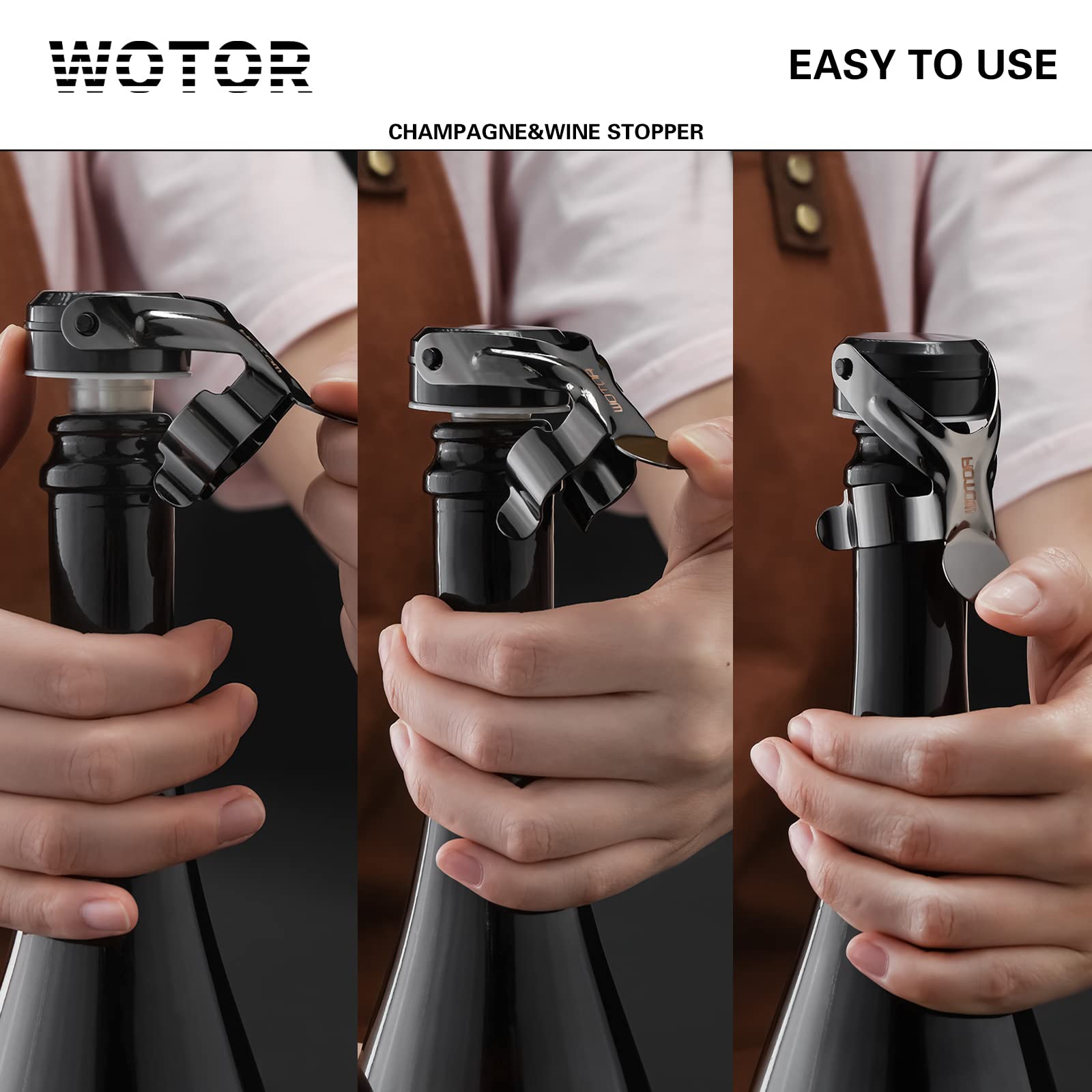 WOTOR Champagne&Wine Bottle Stoppers Stainless Steel with Food Grade Silicone, Leak Proof Keep Fresh Reusable Saver, Cork Suitable for Wine, Champagne, Cava, Prosecco and Sparkling (6 Pack Black）