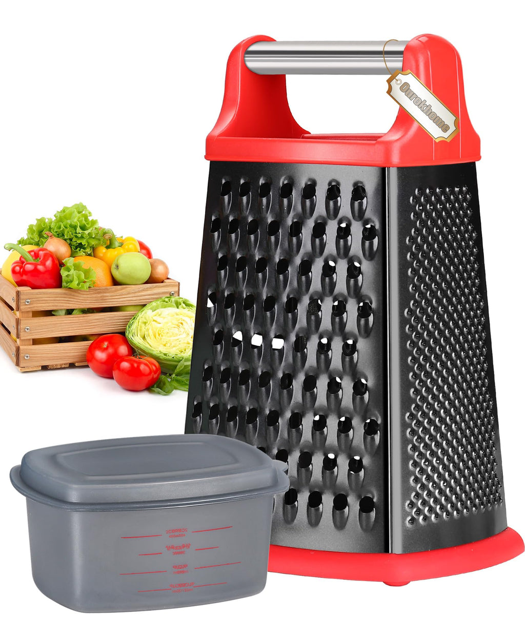 Ourokhome Cheese Grater with Handle, Stainless Steel Box Grater, 4 Side Kitchen Vegetable Shredder Slicer Zester with Container for Parmesan, Cabbage, Ginger, Lemon, Chocolate, Coconut (Red)