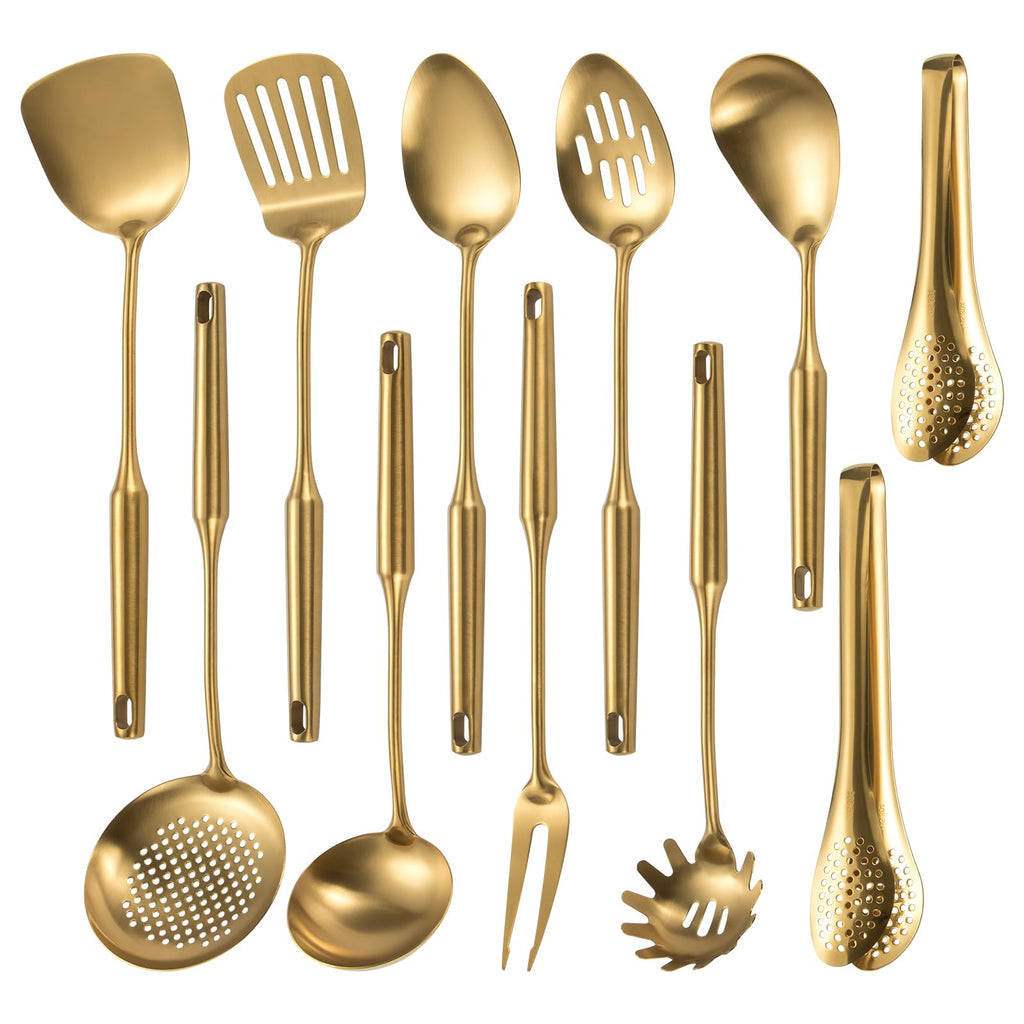 304 Stainlss Steel Matte Kitchen Utensils Set, 11 Pcs Long Metal Cooking Utensil Gadgets Tools Set with Spatula, Ladle, Spoon, Ladle, Skimmer, Tunner, Pasta Server, Tongs(Black, Dishwasher Safe)