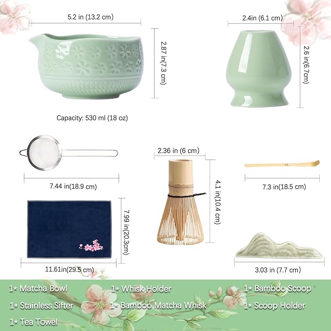 Matcha Whisk Set, Ceramic Matcha Kit Set Includes Matcha Bowl, Matcha Whisk and Holder, Bamboo Scoop, Scoop Rest, Sifter and Tea Towel - 7 Pcs Matcha Kit for Matcha Lovers (Green)