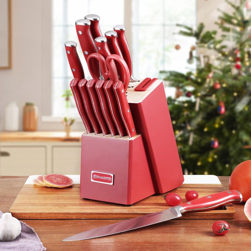 Red Knife Set with Block, 15-Piece Knife Block Set with Built-in Sharpener