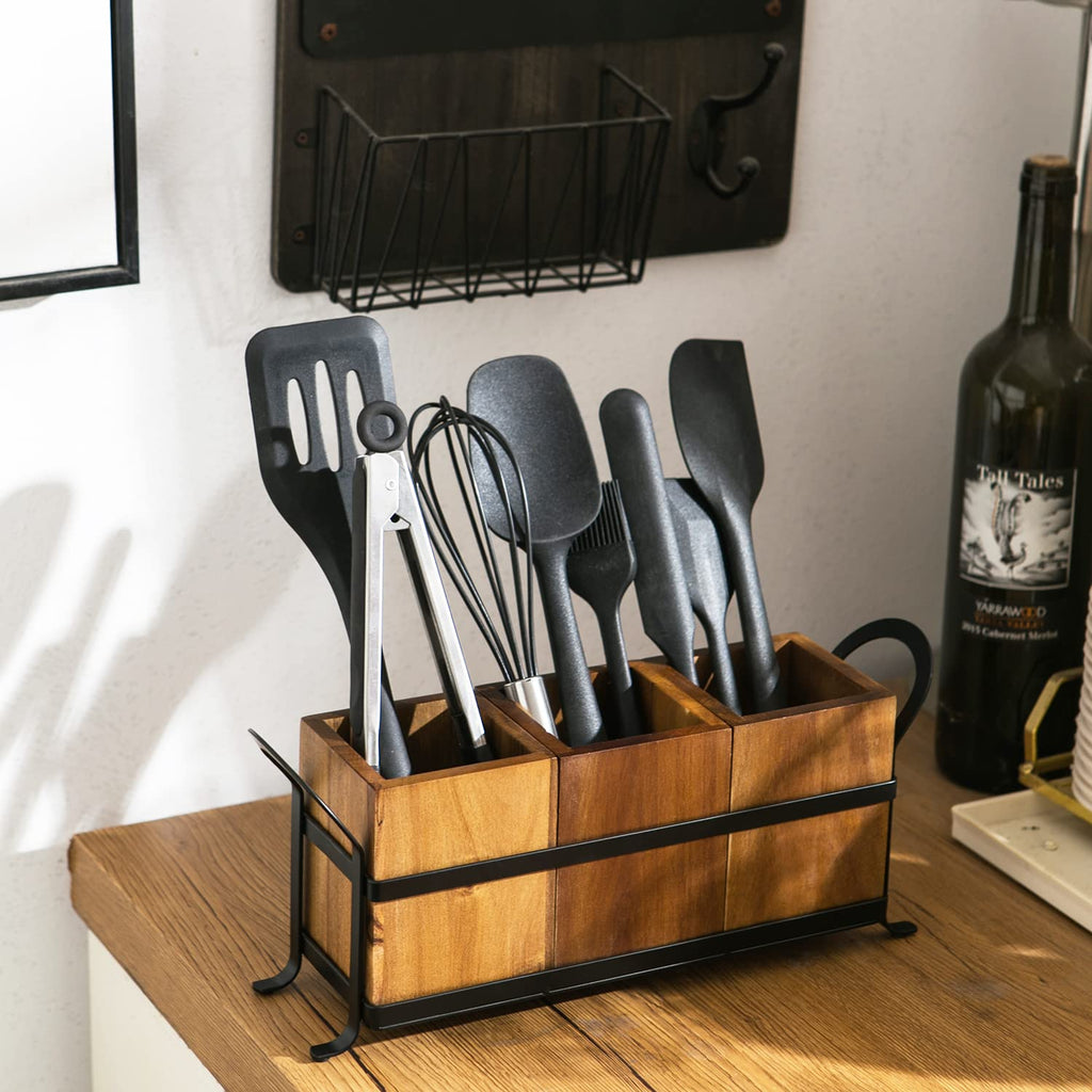 NelyBet Utensil Caddy Silverware Cutlery Holder with 3 Compartment, Wooden Utensil Crock Flatware Organizers with Metal Tray, Rustic Kitchen Utensil Organizers for Farmhouse Kitchen and Countertop