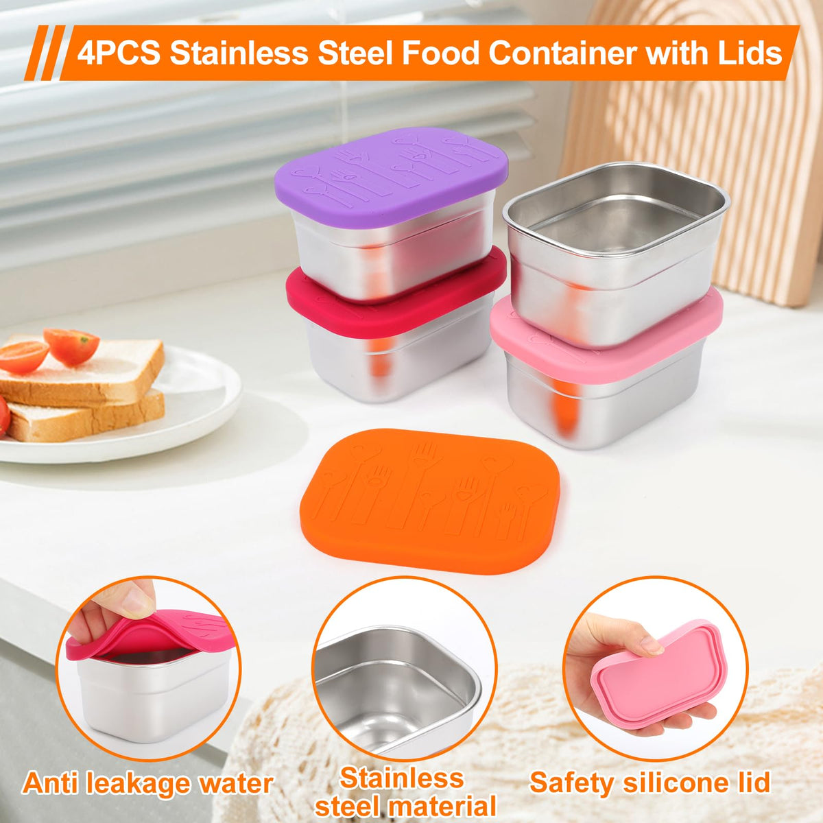 YJSLICT 4 Pack Stainless Steel Kids Snack Containers with Lids, 8 oz Each