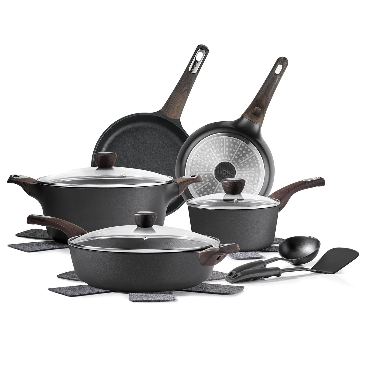 SENSARTE Pots and Pans Set Non stick, Non toxic Healthy Induction Cookware Sets, 14 Pcs Non Stick Kitchen Cooking Set with Frying Pans Set & Saucepan, PFOA PFOS Free, Black