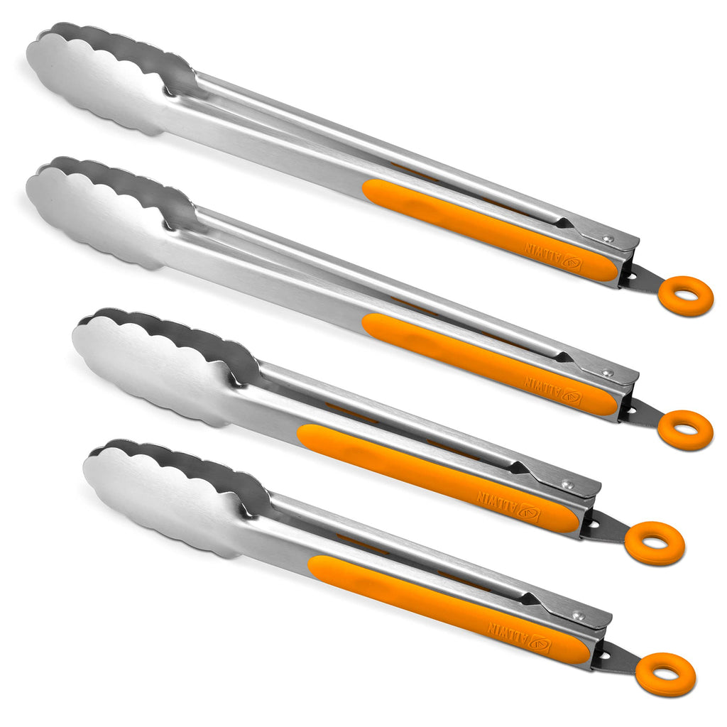 304 Stainless Steel Locking Kitchen Tongs, 9 & 12 Inch, 4-Piece, Black