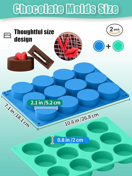 2 Pcs Chocolate Cookie Silicone Molds, 12-Cavity Round Silicone Mold, Baking Mold for Chocolate, Cookie, Candy, Mini Cake, Jelly, MuffinCakes