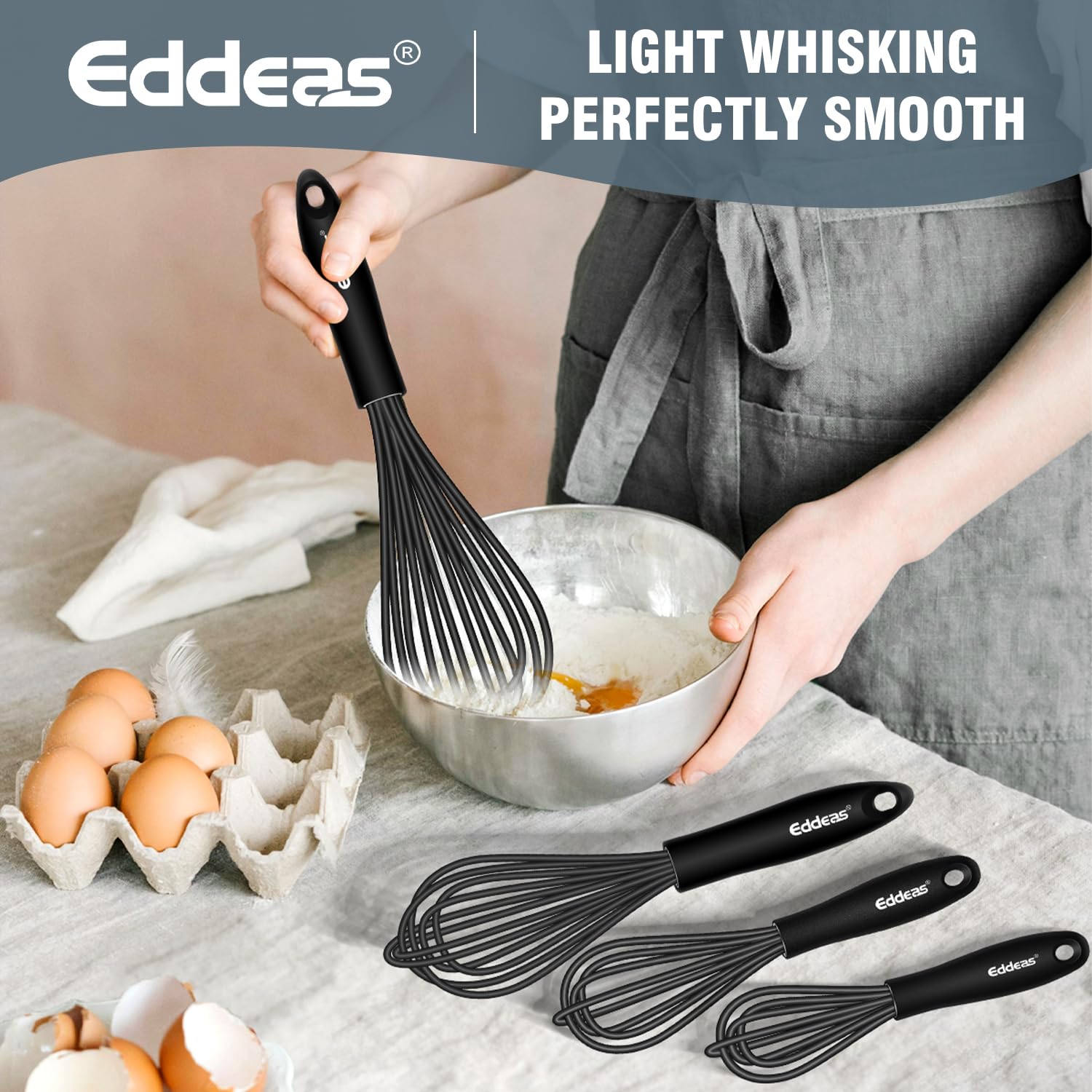 Eddeas Silicone Whisk - Non Scratch Whisks for Cooking, 500°F Heat Resistant Siliocne Wisk tool, Heavy Duty Kitchen Whisks, for Blending, Beating, set of 4 (5+7+9+11 inch) Black