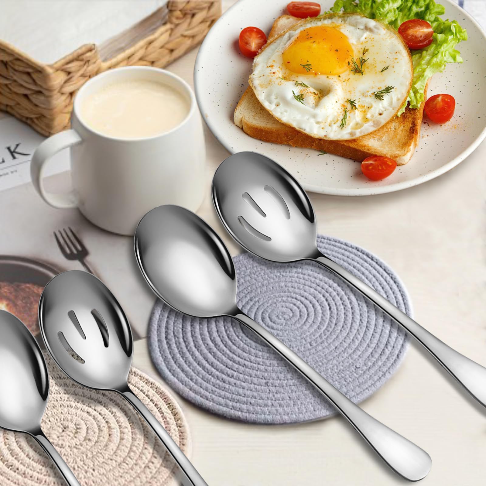 Keyoxy Stainless Steel Serving Spoons Set, 8pc, 10-Inch, Includes 4 Large, 4 Slotted, for Parties/Kitchen/Buffet/Catering, Dishwasher Safe