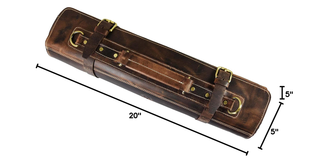 Leather Knife Roll Storage Bag, Elastic and Expandable 10 Pockets, Adjustable/Detachable Shoulder Strap, Travel-Friendly Chef Knife Case (Dark Brown, Leather)