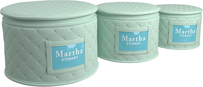 Martha Stewart Dinnerware Stemware Glassware Stackable Organizer Home Storage Container Case, 3 Piece Dinnerware Set Organizer For Dessert, Salad and Dinner Plates With Felt Dividers, Mint