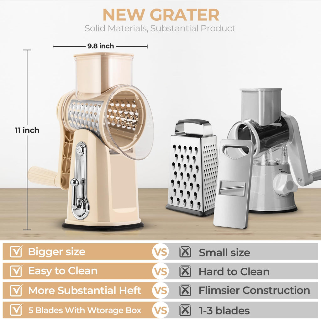 SUSTEAS Rotary Cheese Grater 5 Blades,Kitchen Mandoline Vegetable Slicer