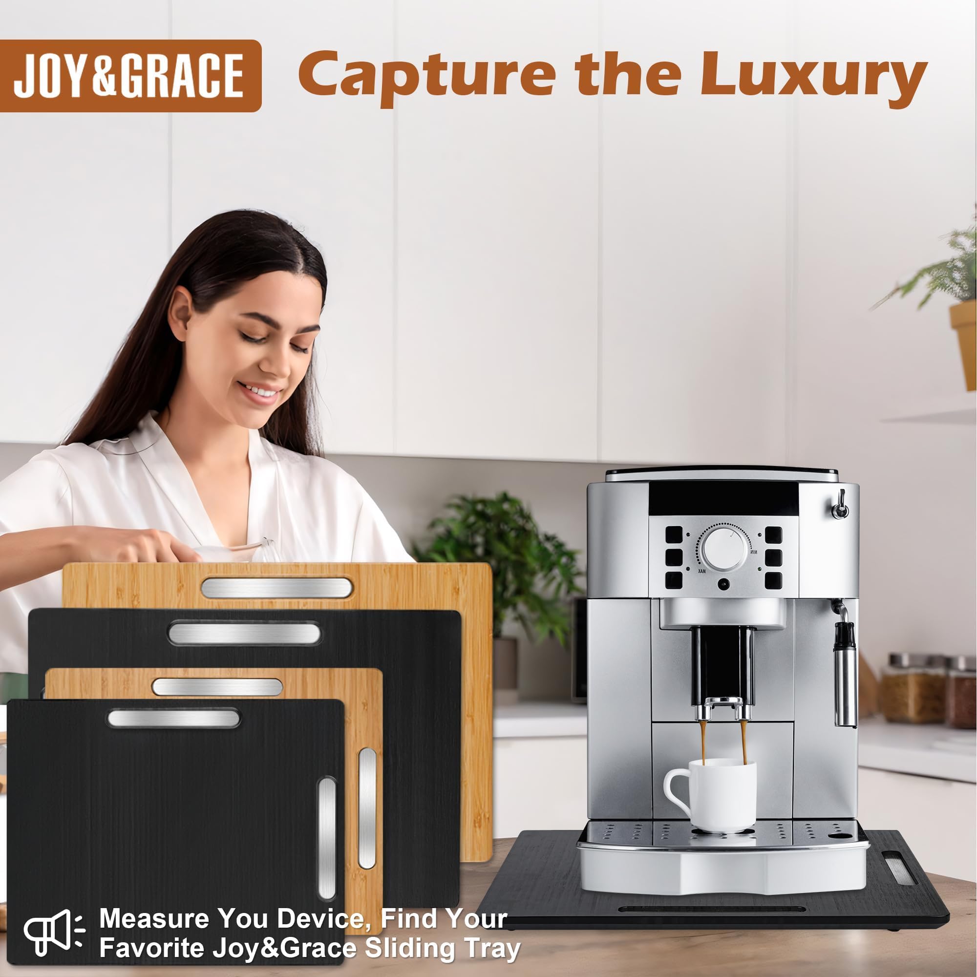 Joy&Grace Appliance Slider for Kitchen Appliances 360° Rolling Sliding Tray for Coffee Maker Countertop, Bamboo Coffee Pot Slider Rolling Tray with Universal Rollers (Black, Large 16"x13")