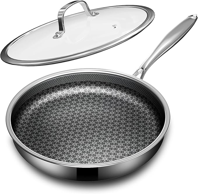 KURRUNGIE Non Stick Frying Pans Set with 3 Lid, Non-Toxic Hybrid Pans Set Nonstick (8+10+12inch),Pan for cooking, nonStick Cookware, Dishwasher and Oven-Safe Cookware Sets, Stainless Steel Skillets