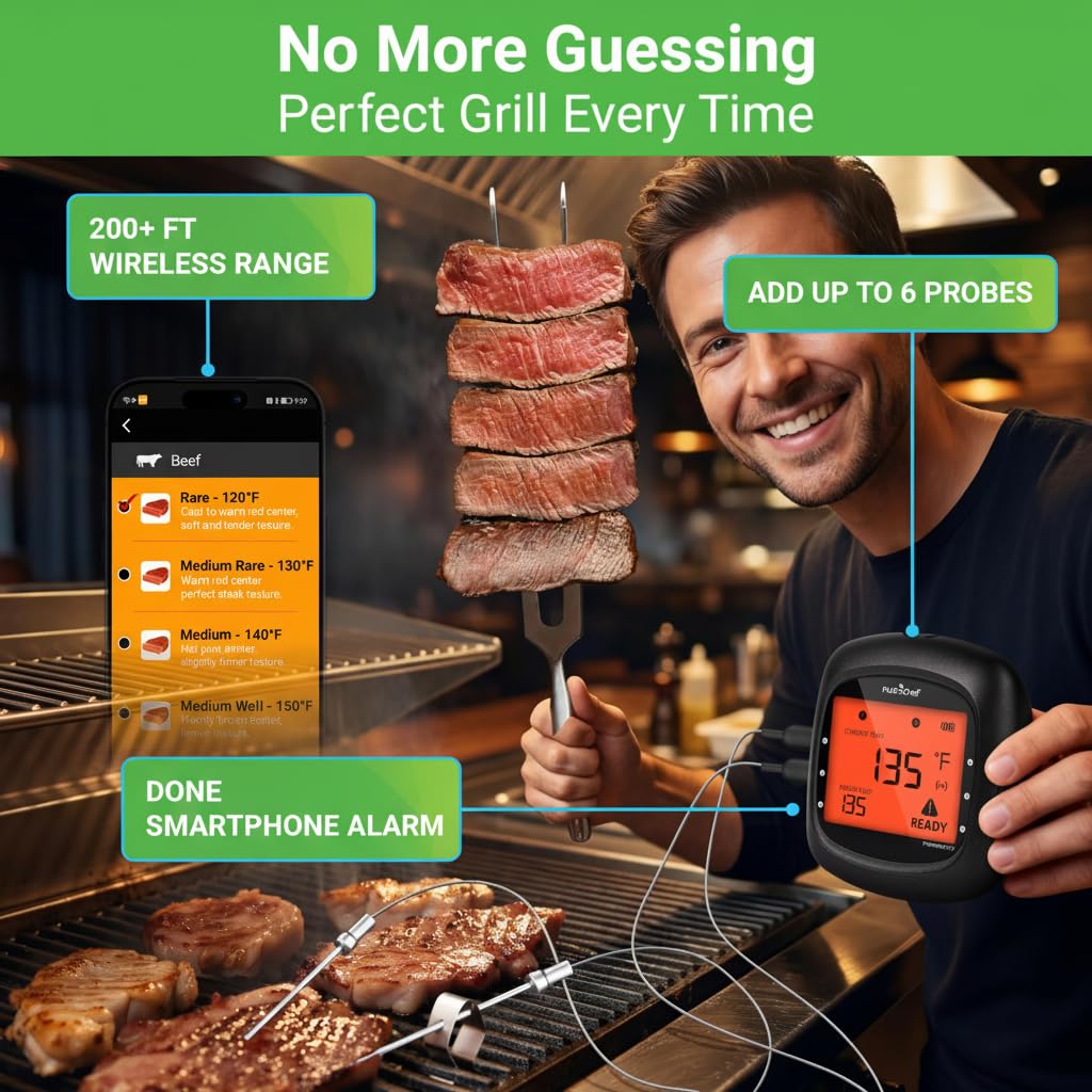 NutriChef Smart Bluetooth BBQ Thermometer with Travel Zip Case, Upgraded Stainless w/ 2 Temperature Probes, LCD Display, Done Alarm Android iPhone, Gas Charcoal BBQ Smoker Temp Monitoring