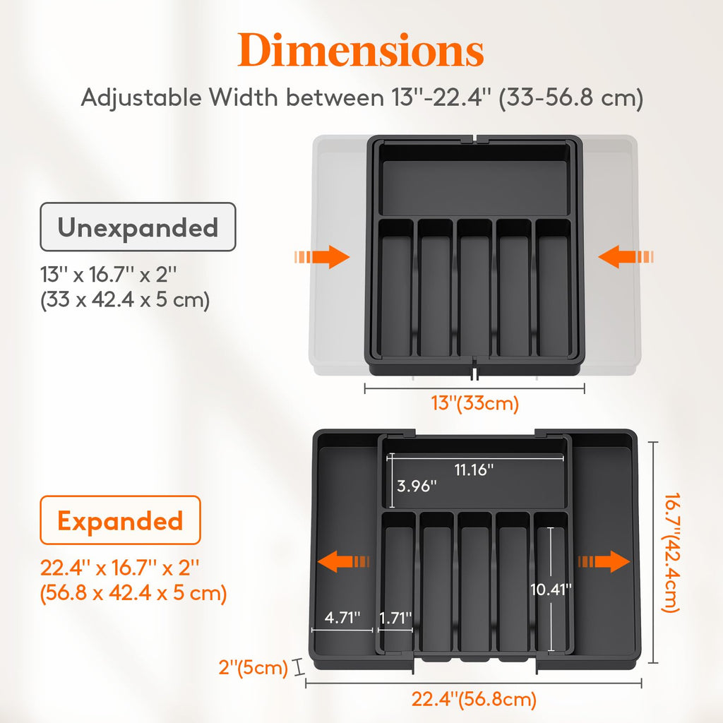 Lifewit Silverware Drawer Organizer, Expandable Utensil Tray for Kitchen, BPA Free Flatware and Cutlery Holder, Adjustable Plastic Storage for Spoons Forks Knives, 33 -57 x 42cm, Black