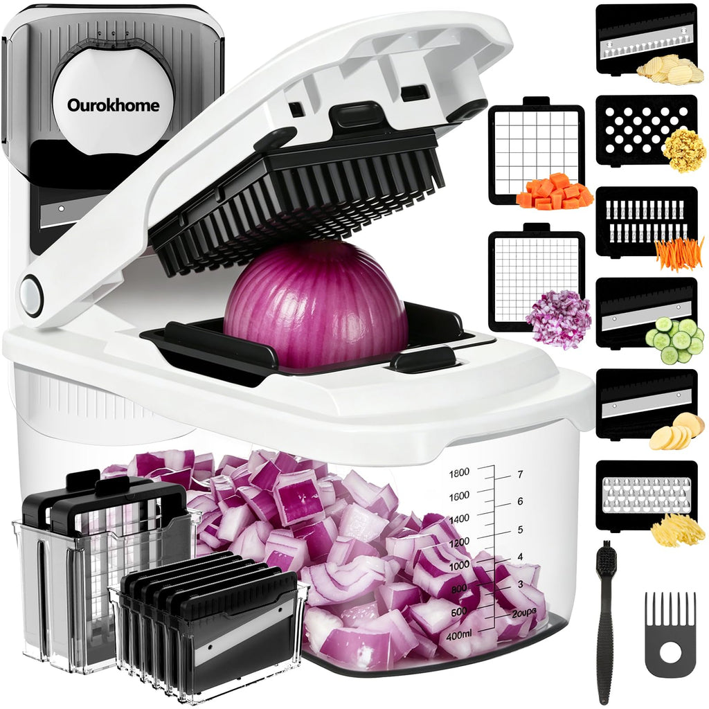 Ourokhome Onion Chopper Dicer with Container, Manual Food Cutter with Handheld Veggie Spiral, Hand Vegetable Mandolin slicer for Potato, Tomato, Carrot, Essential Kitchen Gadget (6 in 1, Gray)