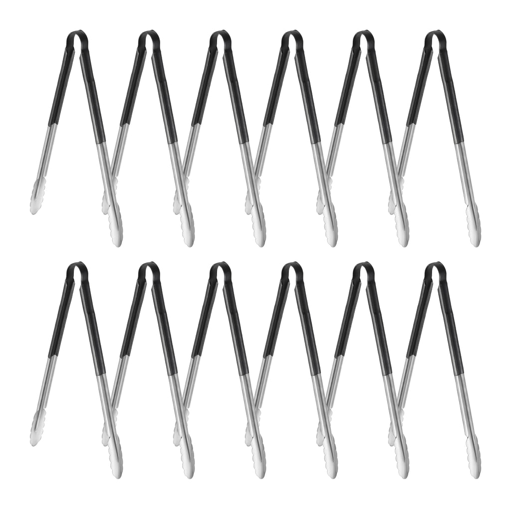 New Star Foodservice 35841 9-Inch Utility Spring Tongs, Stainless Steel, Vinyl Coated, Set of 12, Black