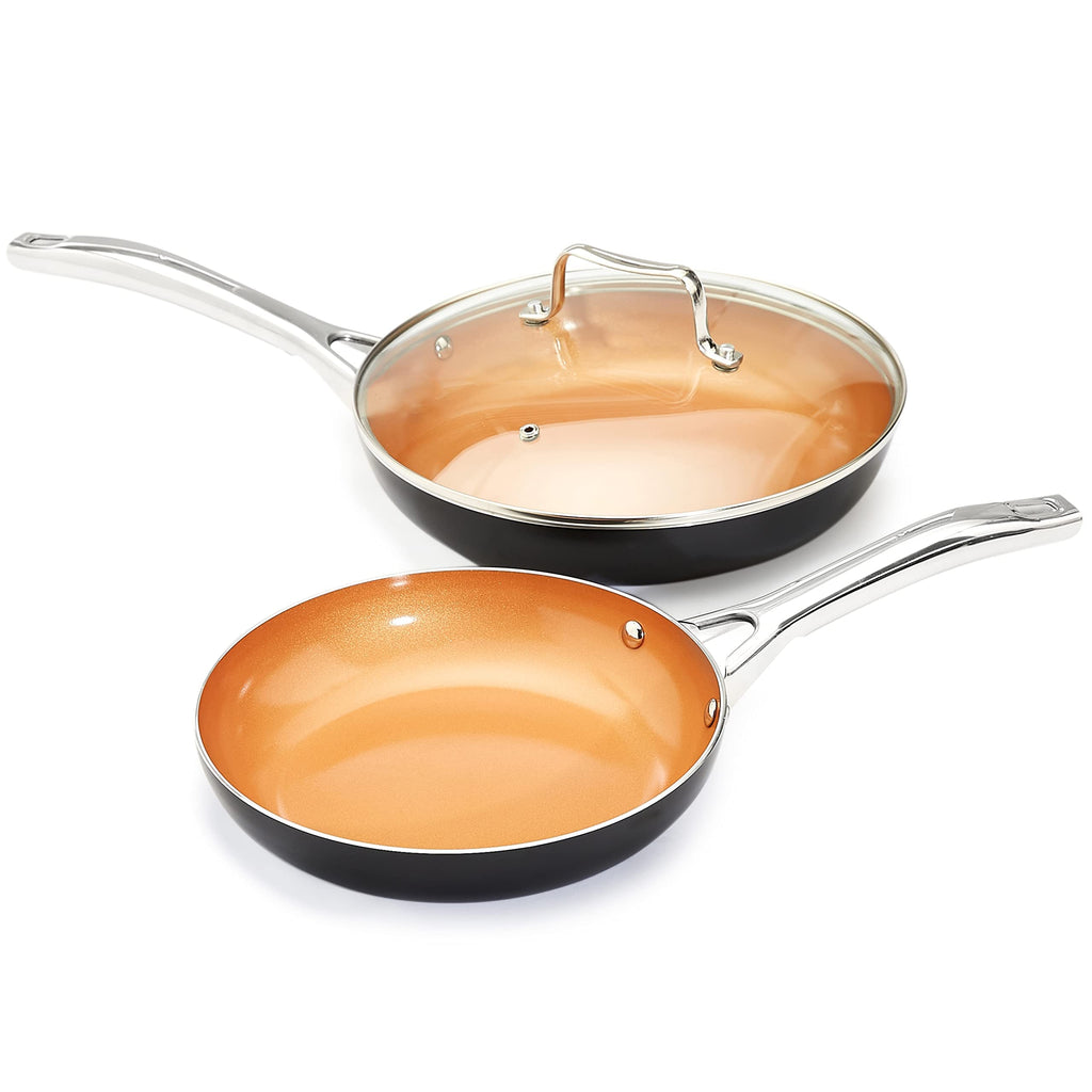 Amazon Basics Ceramic Nonstick Cookware Set, Induction Ready, Dishwasher & Oven Safe, Even Heating, 10-Piece Set with Frying Pans, Saucepans, Glass Lids, Copper Color