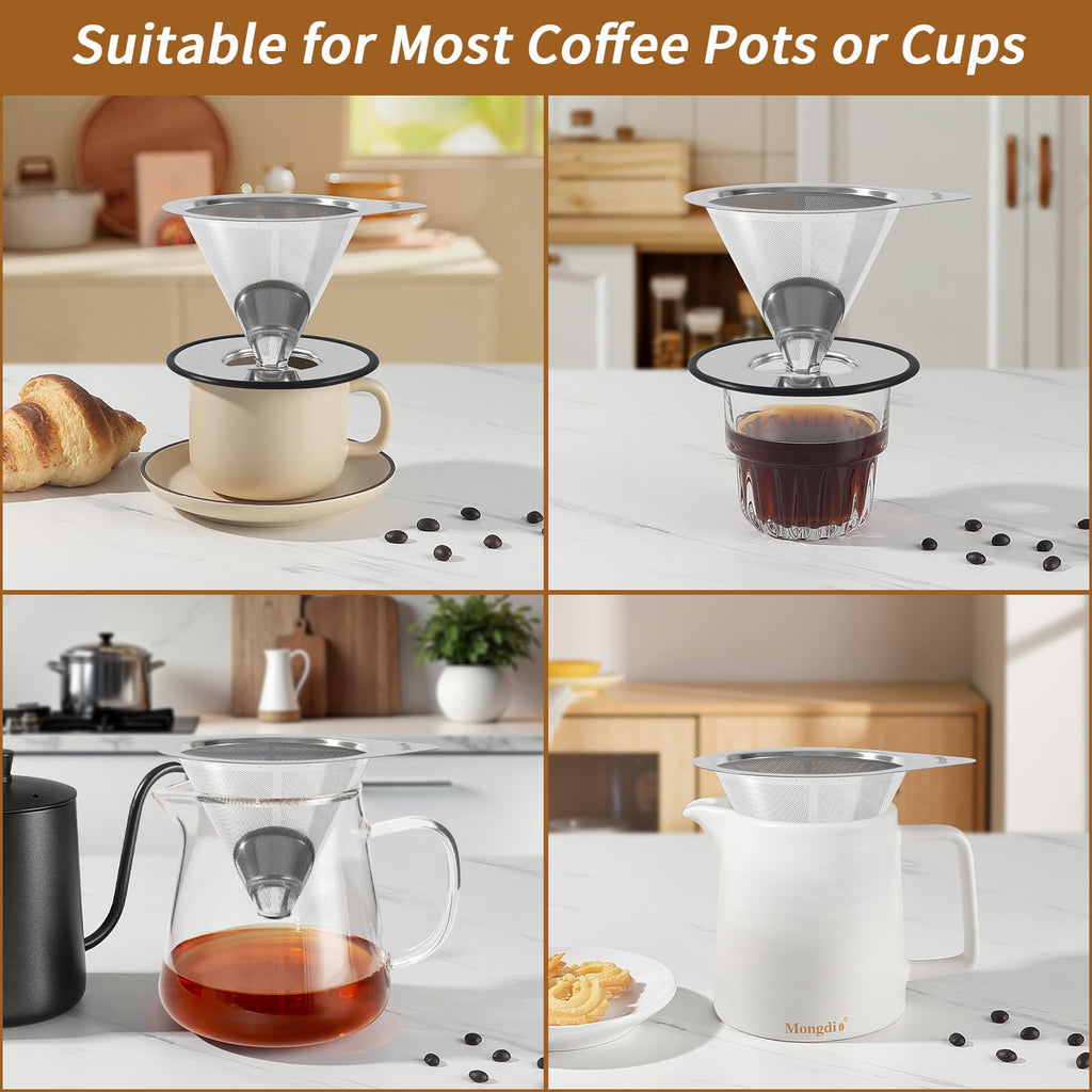 Mongdio Pour Over Coffee Dripper, Stainless Steel Coffee Dripper, Reusable Metal Coffee Filter, Double Mesh Design of Pour Over Coffee Maker with Removable Base, 1-2 Cups