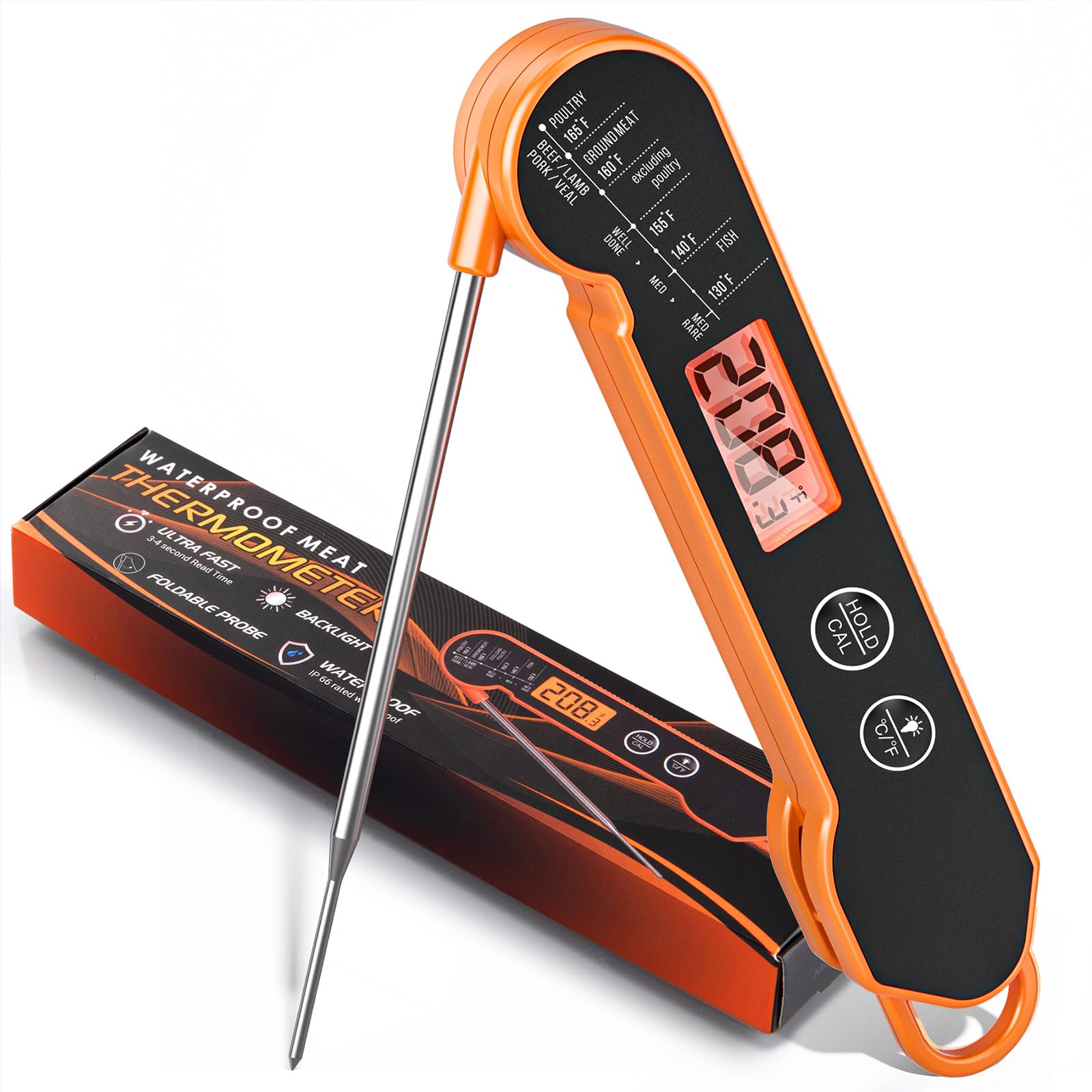 CaloriMastery Meat Thermometer Digital with Backlight, Calibration & Hold Function, IP65 Waterproof Food Thermometer for Cooking, Outdoor Grilling, Candy Making