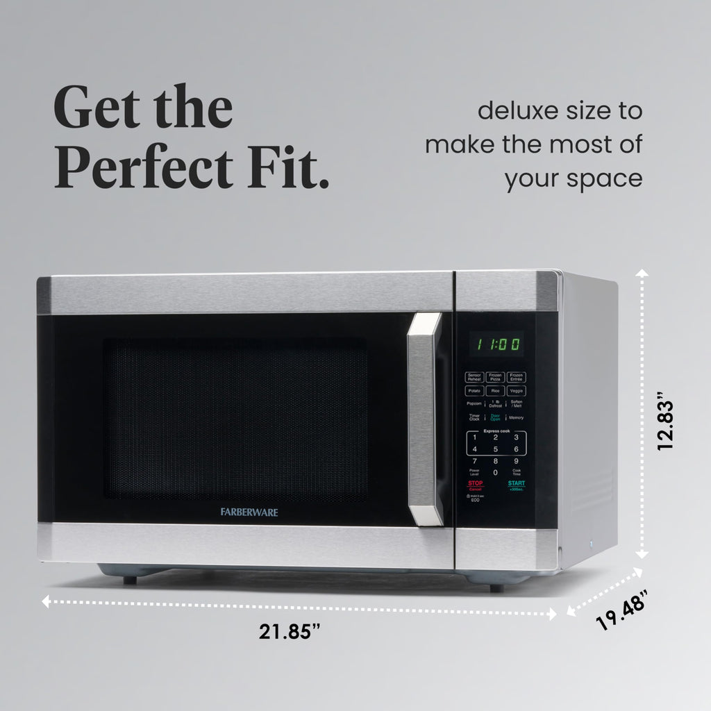 Farberware 1.6 Cu. Ft. Countertop Microwave Oven – 1100 Watts Power, Smart Sensor Auto Cook Settings, Defrost, Easy Clean and Child Safety Lock - Stainless