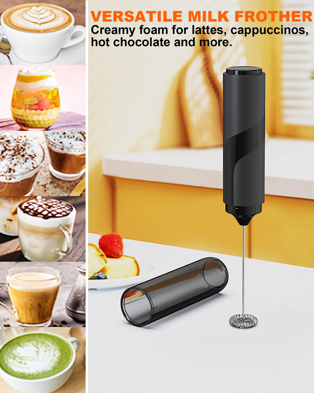 Soenglyun Electric Milk Frother Handheld Foam Maker, Black