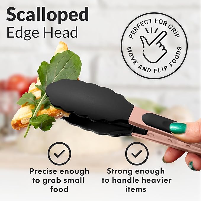 Zulay Stainless Steel Kitchen Tongs with Silicone Tips - Set of 2 (9” & 12”) Locking Cooking Tongs with Non-Slip Grip - Heat Resistant, BBQ Food Tongs for Non-Stick Cooking Pans (Rose Gold/Black)
